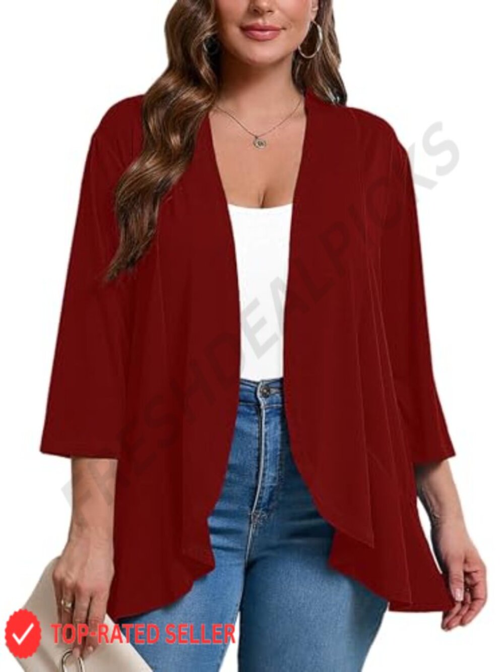 Plus Size 3/4 Sleeve Open Front Ruffle Hem Lightweight Cardigan Shrug